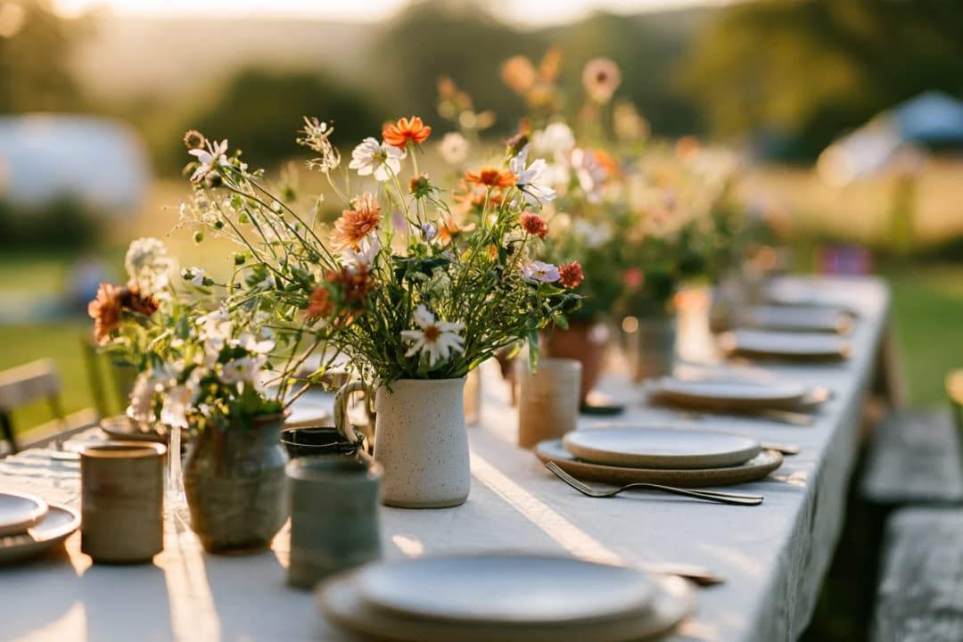 A long harvest table for a September wedding.