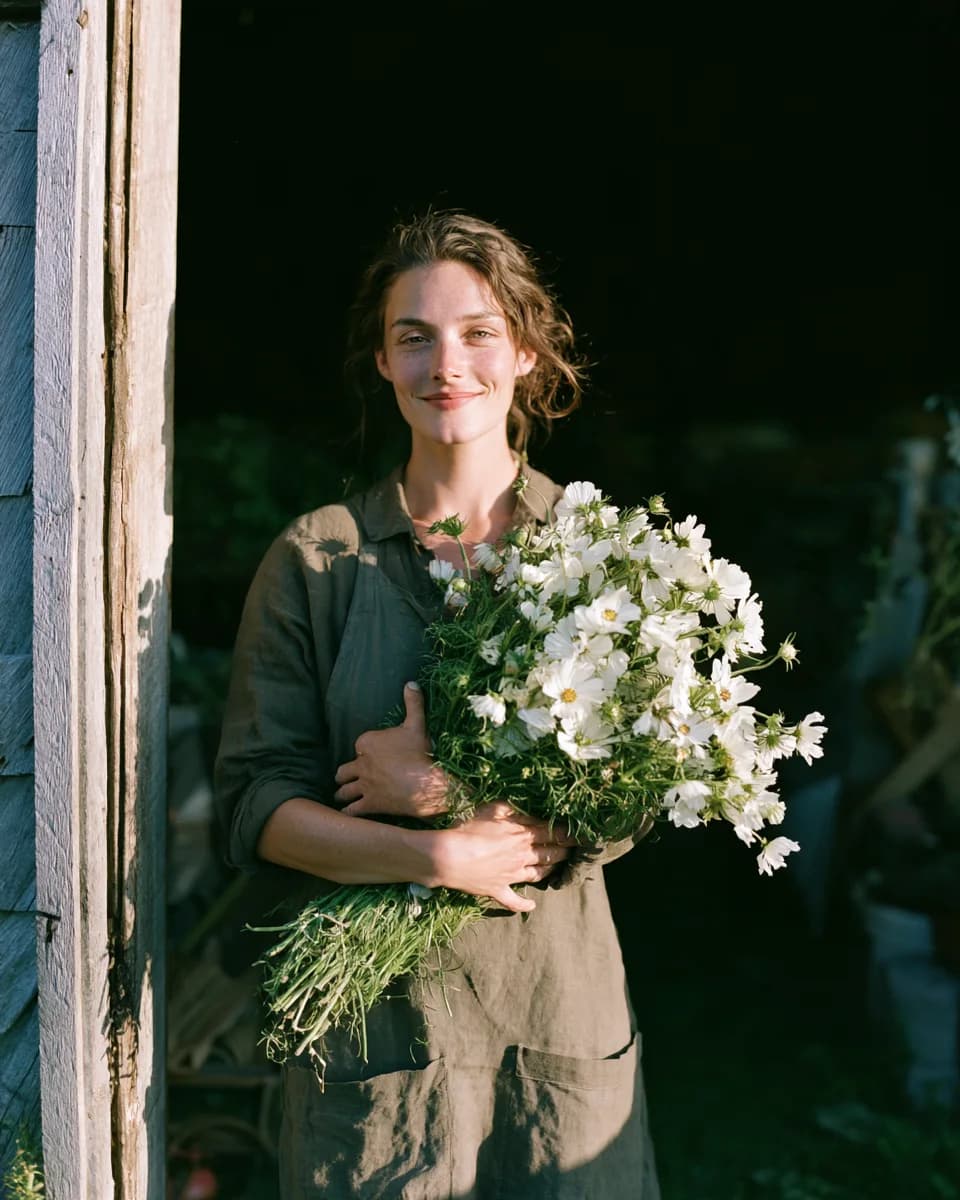 Our head florist with an armful of this morning's white cosmos.